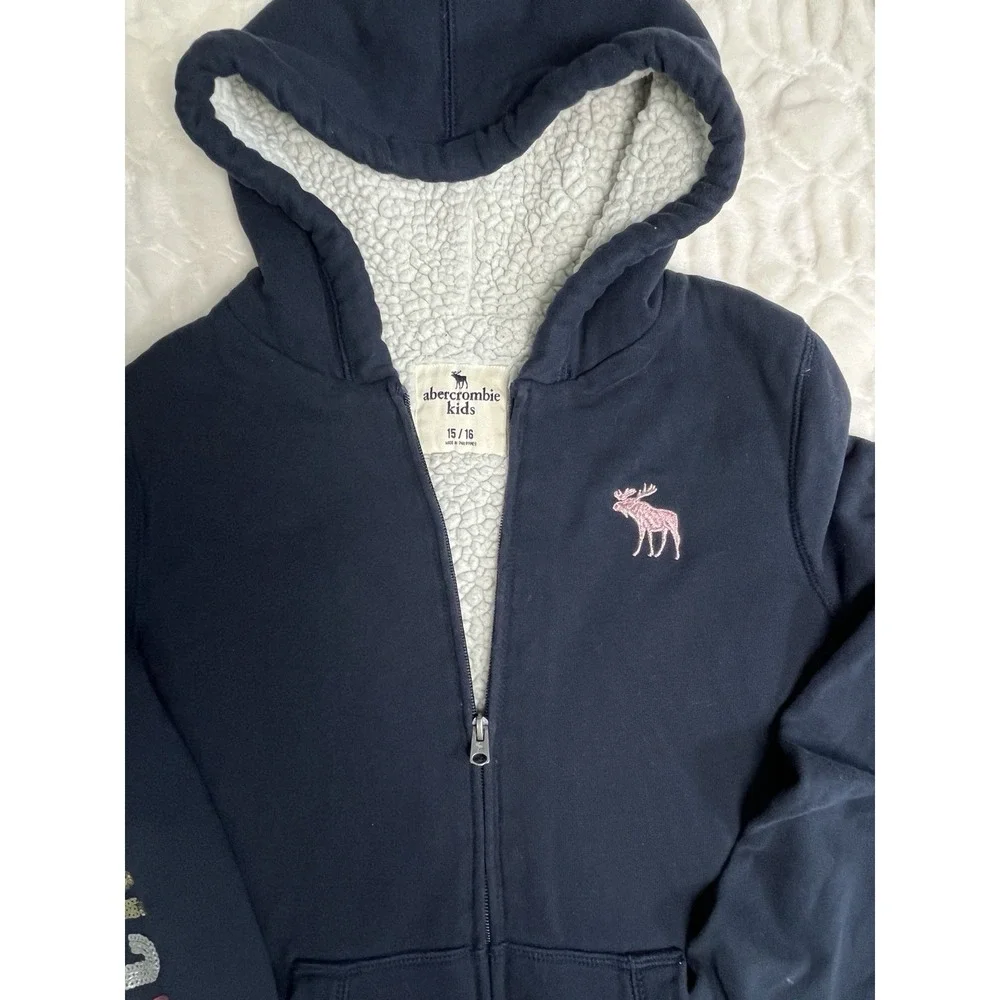 Abercrombie Kids Sherpa Lined Hoodie Jacket Girls 15/16 Navy Sequin Zip Up